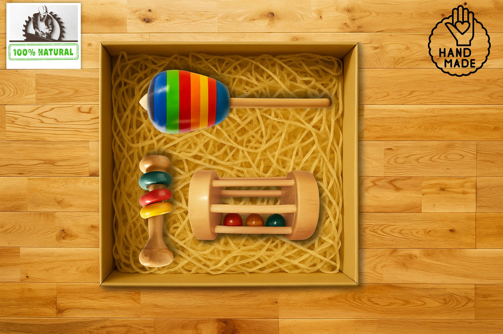TRIVI Wooden Toy Gift Box – Handcrafted Rattles & Spinning Tops for Kids SET OF 3 pcs | 3V3009