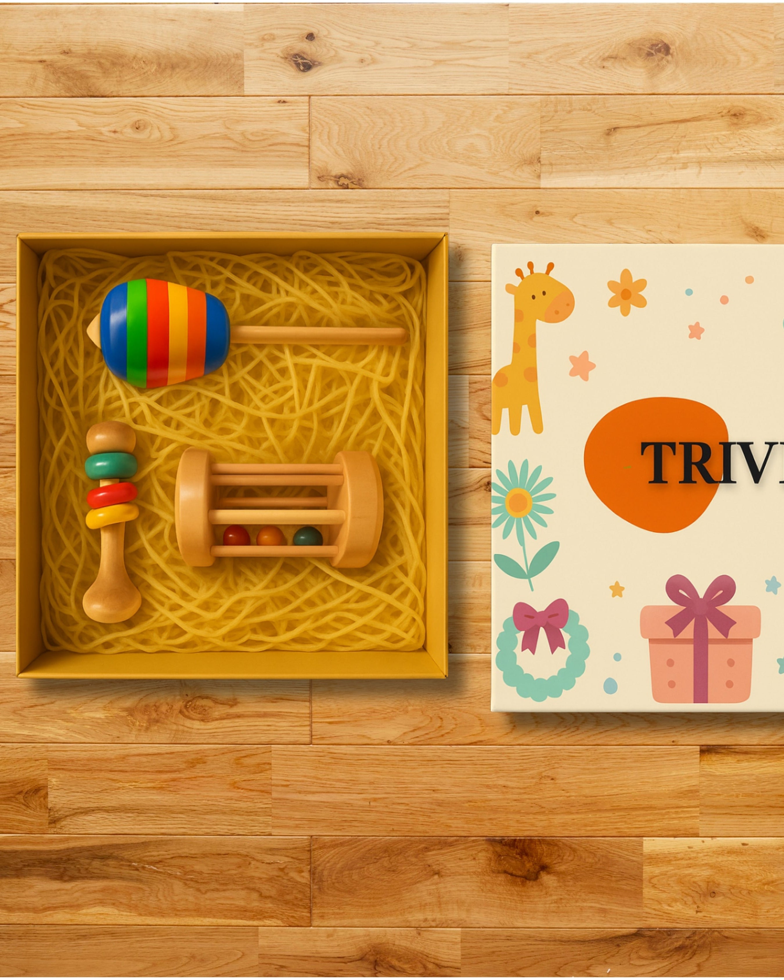 TRIVI Wooden Toy Gift Box – Handcrafted Rattles & Spinning Tops for Kids SET OF 3 pcs | 3V3009