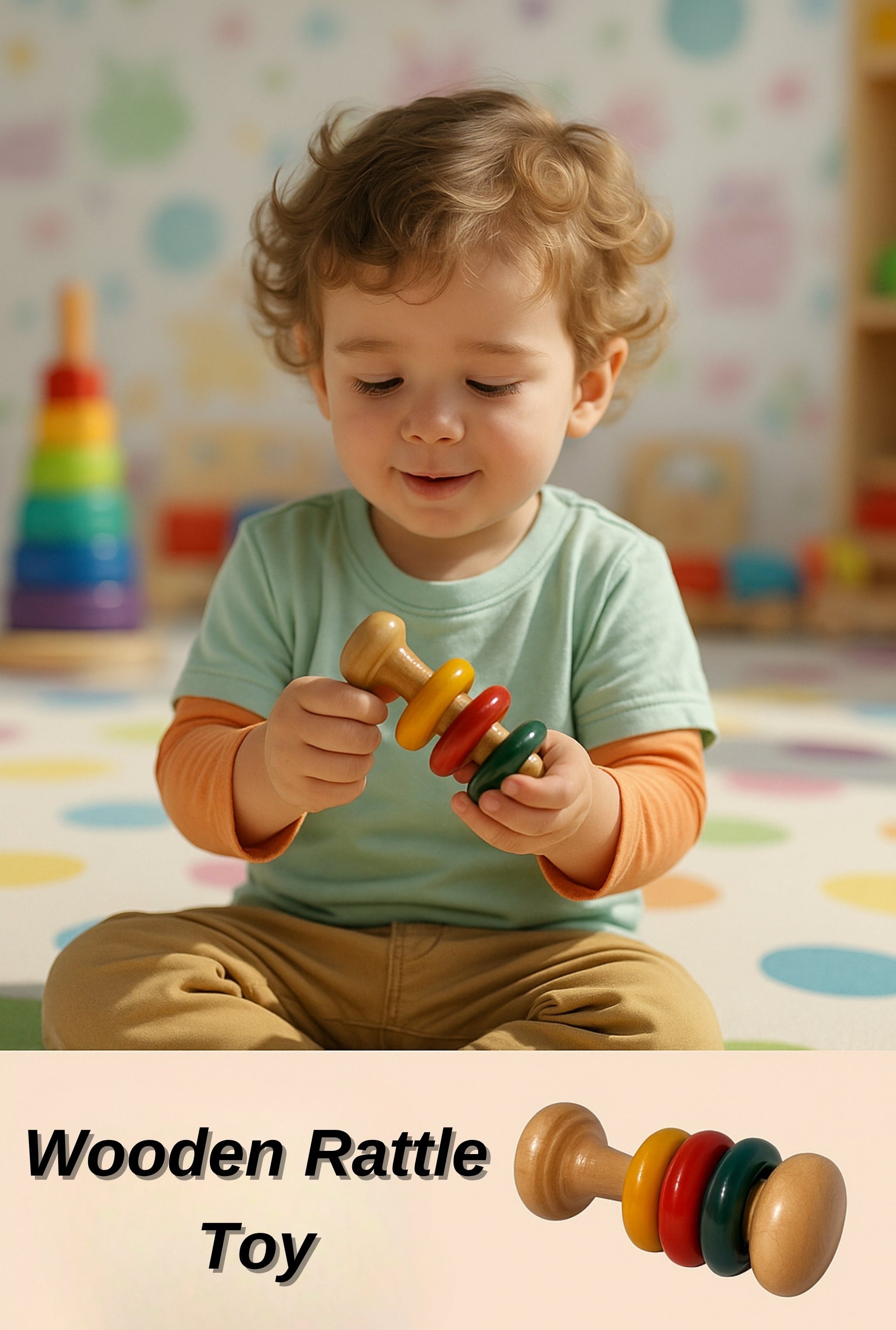 Handcrafted Wooden Baby Rattle Toy with colored  rings – Safe, Natural & Joyful Play | 3V3007