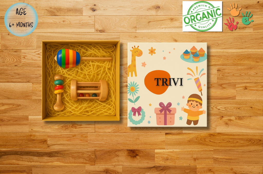 TRIVI Wooden Toy Gift Box – Handcrafted Rattles & Spinning Tops for Kids SET OF 3 pcs | 3V3009