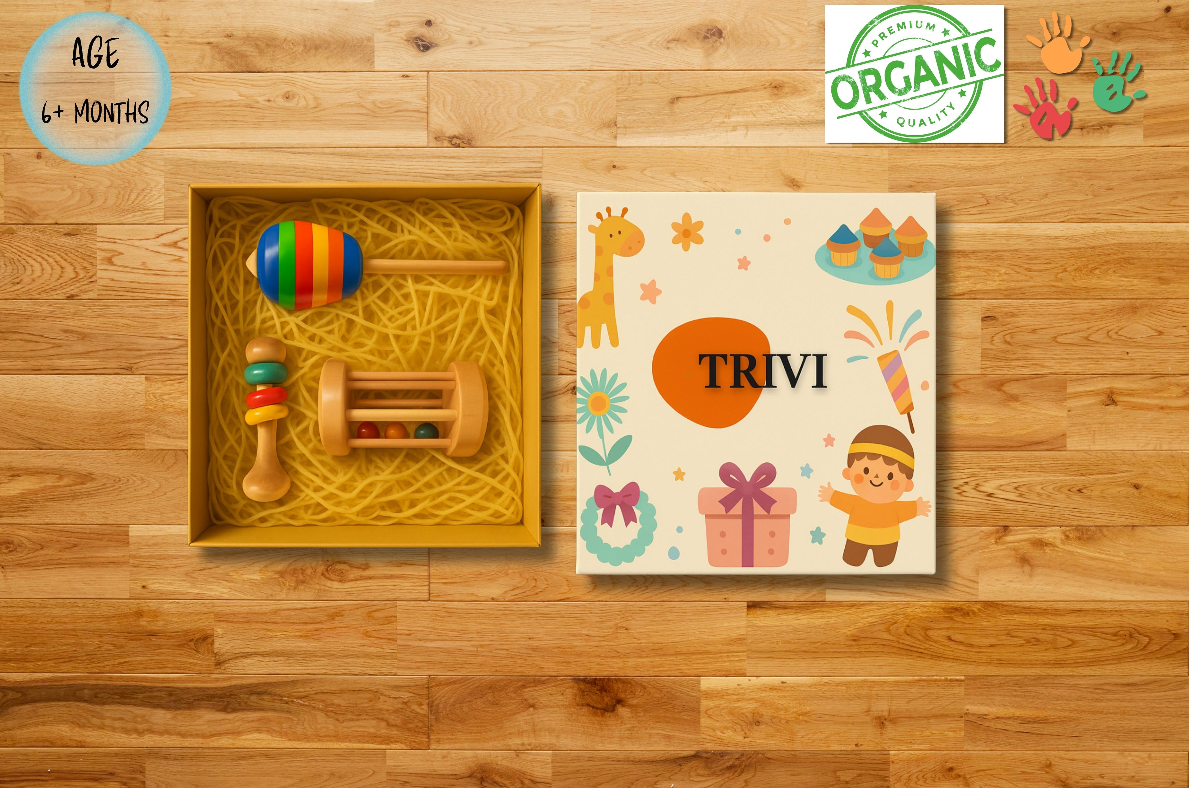 TRIVI Wooden Toy Gift Box – Handcrafted Rattles & Spinning Tops for Kids SET OF 3 pcs | 3V3009